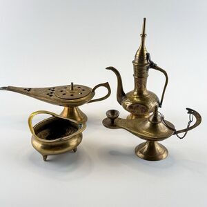 Brass Genie Lamp Incense Holder Bundle Ewer Lot Of 5 Vintage Decor
